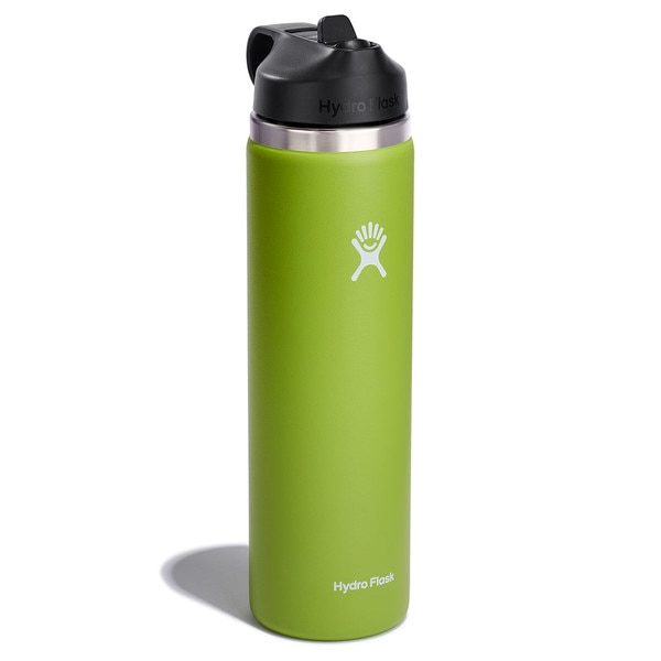 A light green 24 ounce stainless steel Hydroflask water bottle with straw lid and handle strap.